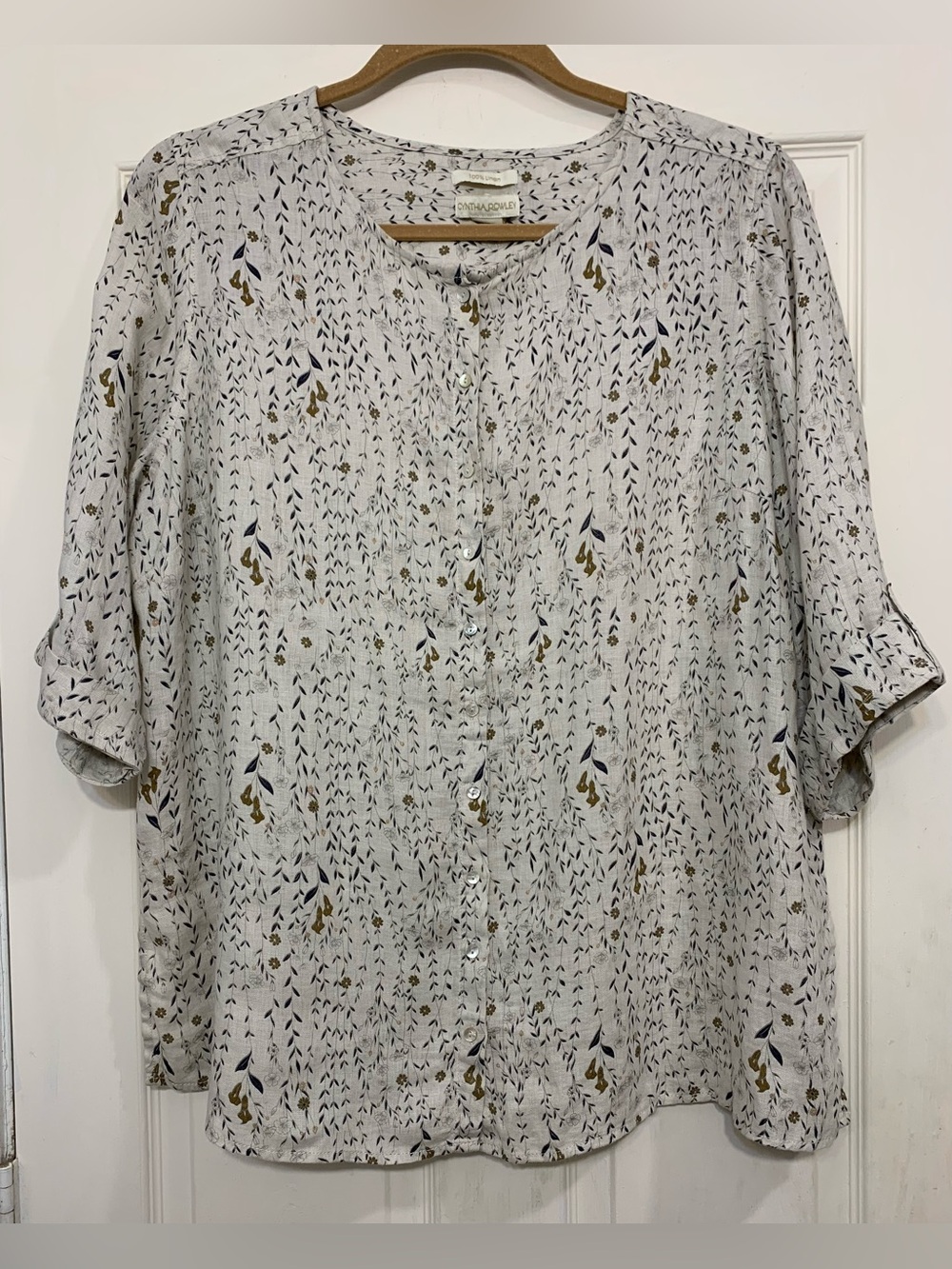 Cynthia Rowley Linen Off White Beige Brown Nature Print 3x Blouse. 4026I